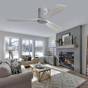 52 in. Indoor/Outdoor Recessed Ceiling Fan 3-Carved Wood Blades  Silver Ceiling Fan with 6 Speed Remote