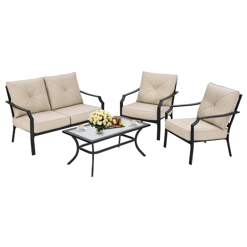 Costway Black 4-Pieces Metal Outdoor Loveseat Patio Furniture Set