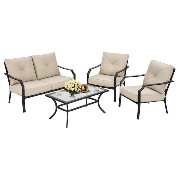Costway Black 4-Pieces Metal Outdoor Loveseat Patio Furniture Set with Beige Cushions