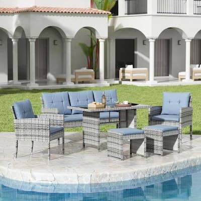 Gray 6-Piece PE Wicker Outdoor Patio Sectional Sofa with Blue Cushions and Dining Table