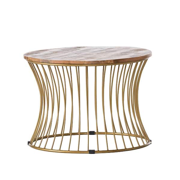 Noble House Halley 26 in. Gold/Natural Brown Medium Round Wood Coffee Table