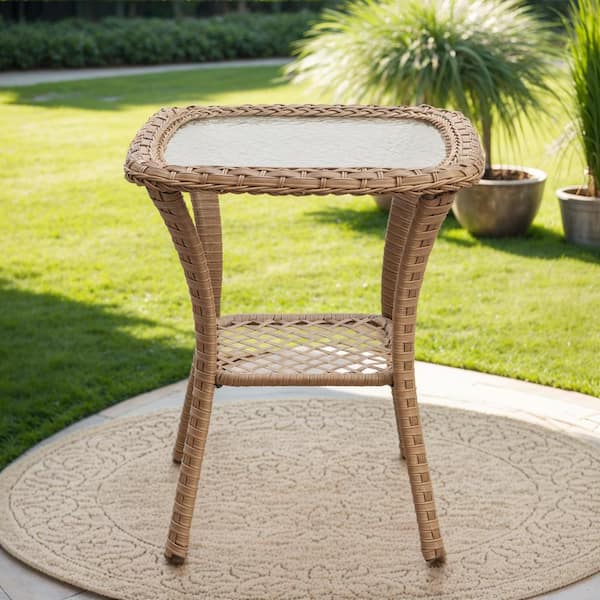 Modern Farmhouse Yellow Square Wicker Outdoor Side Table with Tempered Glass Top Rustic Patio Furniture End Table
