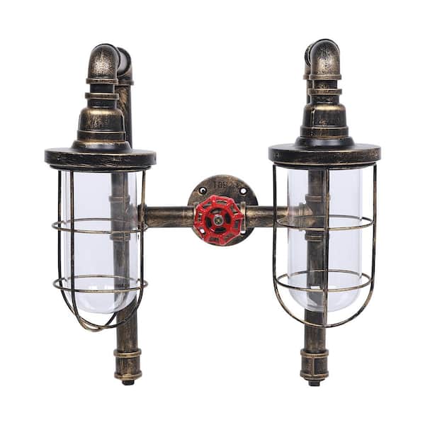 OUKANING 13.77 in. 2-Light Bronze Vintage Wall Sconce with Clear Glass Shade for Bedroom Living Room Cafe, No Bulbs Included