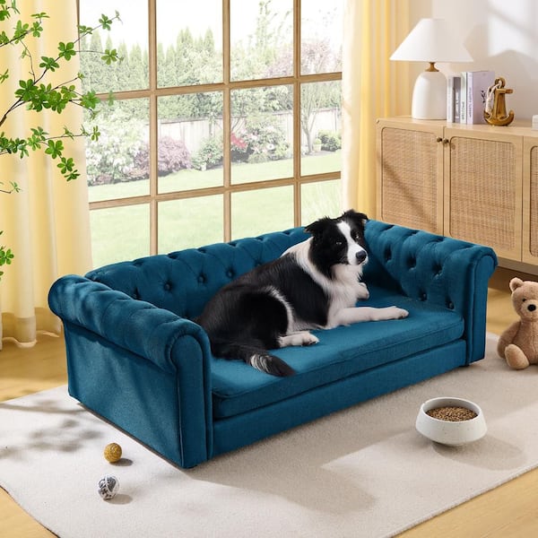 GOGEXX 55 in. W Dark Blue Linen Elevated Dog Sofa Bed for