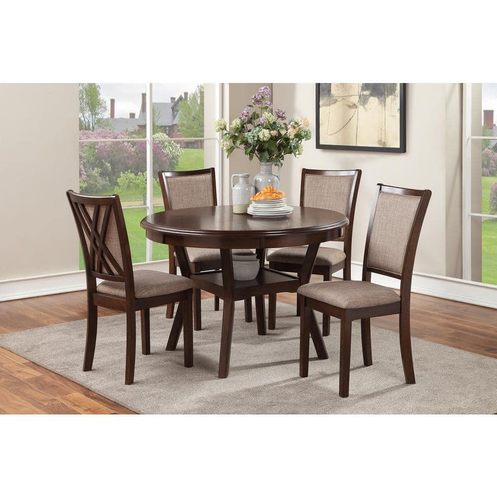 Cherry Wood Round Dining Table Set with Gray Upholstered Chairs