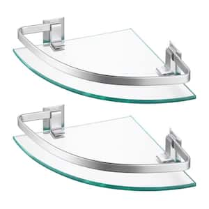 (2 Pack) 10 in. W x 2 in. H x 10 in. D Bathroom Quarter Round Tempered Glass Corner Shelf with Rail in Anodized Aluminum