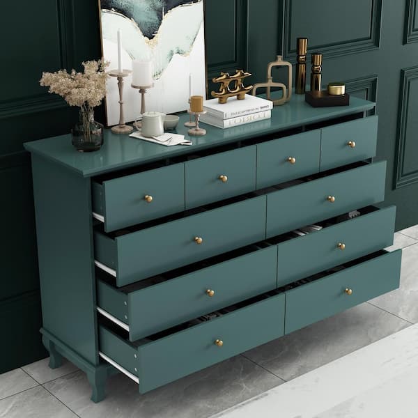 FUFU&GAGA Blue 10-Drawers 55.1 in. W Wood Chest of Drawer Cupboard Sideboard with Paint Finish, 35.4 in. H x 15.7 in. D
