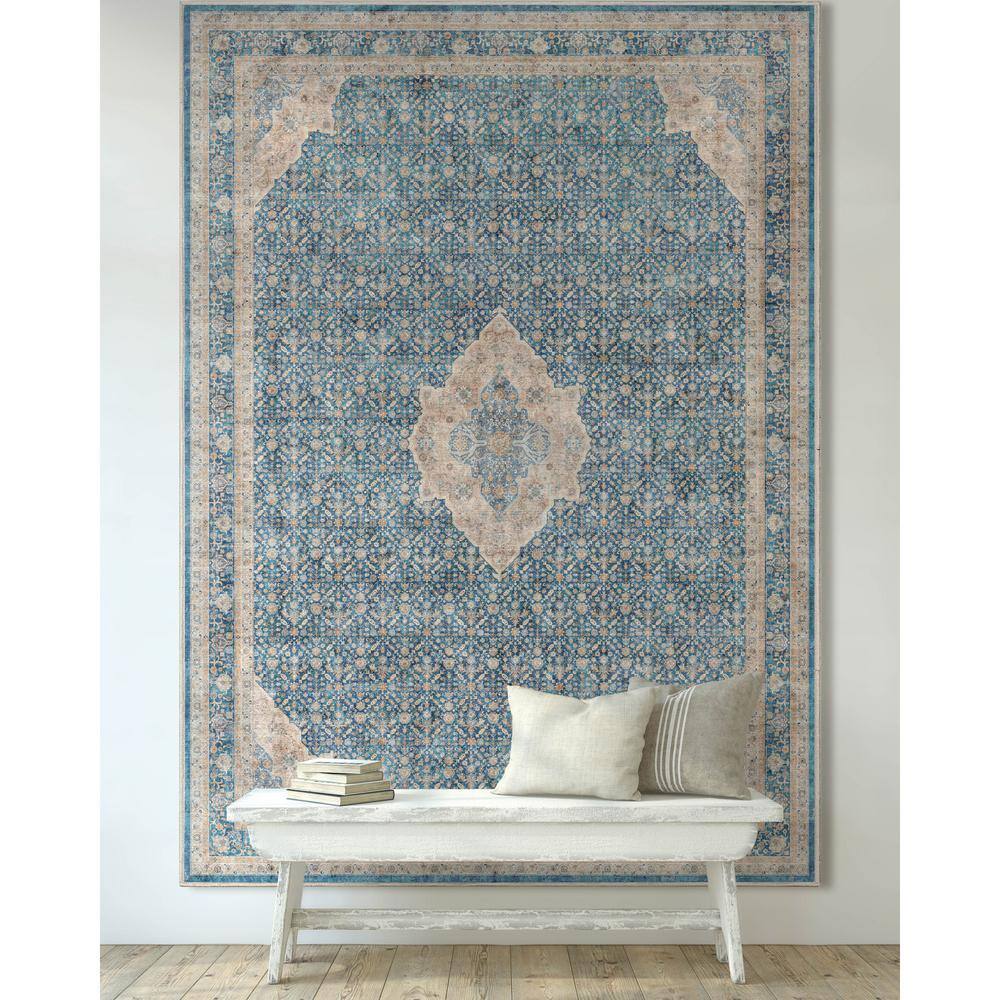 Asha Lilith Blue Chenille Oriental Washable Area Rug 3' x 5'
