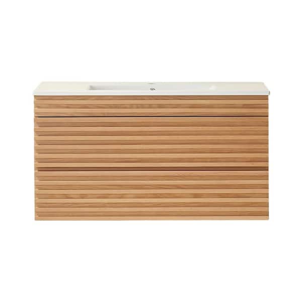 36 in. Single Sink Wall Mounted Natural Walnut Bath Vanity with White Ceramic Top Full Assembled, Soft-Close