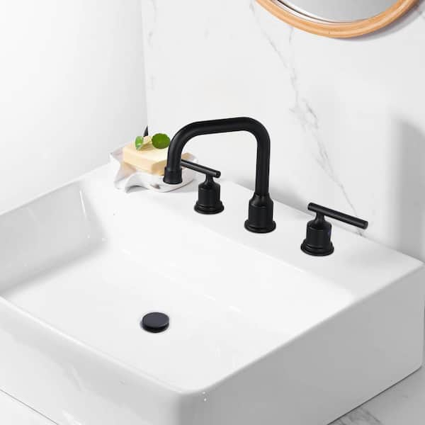 8 in. Widespread 3 Hole Lead-Free Double Handle Bathroom Faucet with Pop-up Drain and Supply Lines in Matte Black