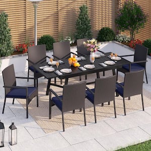 Black 9-Piece Metal Patio Outdoor Dining Set with Slat Extendable Table and Rattan Chair with Blue Cushion