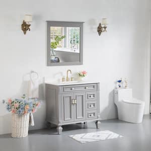 36 in. W x 22 in. D x 35 in. H Single Sink Solid Wood Bath Vanity in Grey with White Stain-Resistant Quartz Top,Mirror
