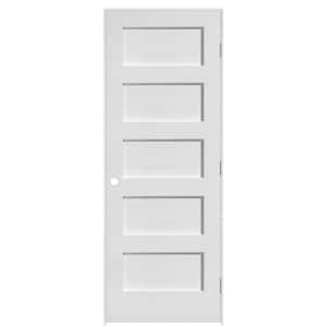 36 in. x 80 in. 5 Panel MDF Series Left-Handed Solid Core White Primed Composite Single Prehung Interior Door