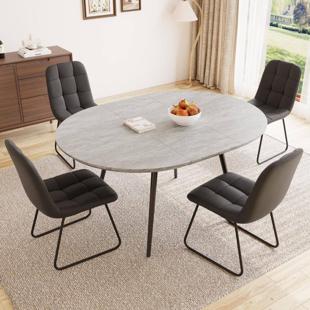 5-Piece Set Chairs and Grey Oval Dining Table, Dining Table Set, Dining Room Set with 4 Black Chairs