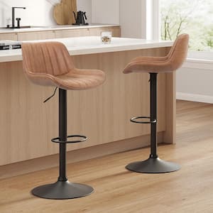 Modern 23.42 in. Seat Height Adjustable Tan Faux Leather Swivel Low Back Bar Stools with Metal Frame (Set of 2)