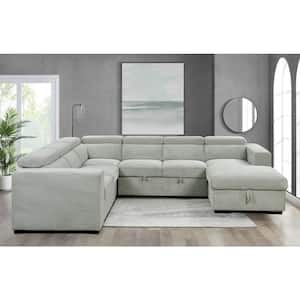123 in. Polyester U-Shaped Sectional Sofa in. Light Gray with Pull-out Bed, Adjustable Headrest and Storage Chaise