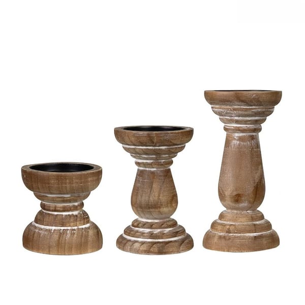 Unbranded Brown Wood Pillar Candlestick Holders 3-Pack