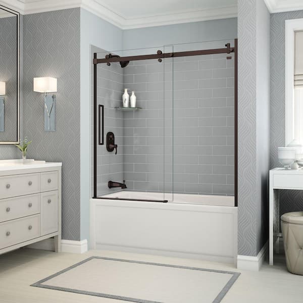 Utile Metro 30 in. x 59.8 in. x 81.4 in. Left Drain Alcove Bath and Shower Kit in Ash Grey with Dark Bronze Door