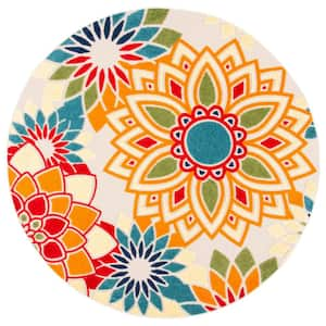 Cabana Ivory/Orange 7 ft. x 7 ft. Retro Floral Indoor/Outdoor Patio  Round Area Rug