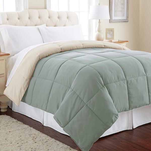 MODERN THREADS Multi-Colored Dusty Sage/Almond Down Alternative Reversible Queen Cotton Blend Comforter
