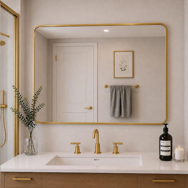 48 in. W x 36 in. H Rectangular Framed Wall Bathroom Vanity Mirror in Gold
