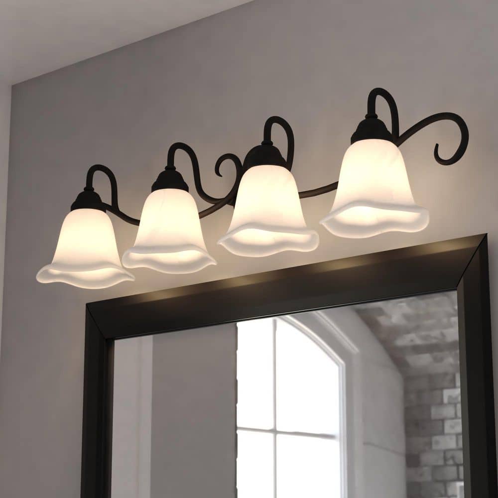 Bella 37.5 in. Wide 4-Light Matte Black Bathroom Vanity Light Fixture, White Alabaster Glass Shade, Dimmable price history on PriceWatchPro