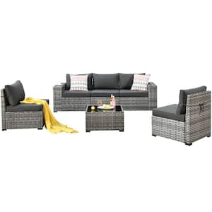 Crater Gray 6-Piece Wicker Wide-Plus Arm Outdoor Patio Conversation Sofa Set with Black Cushions