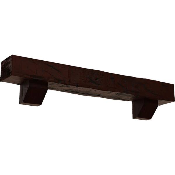 Ekena Millwork 4 in. x 4 in. x 4 ft. Hand Hewn Faux Wood Fireplace Mantel Kit, Ashford Corbels, Natural Pecan