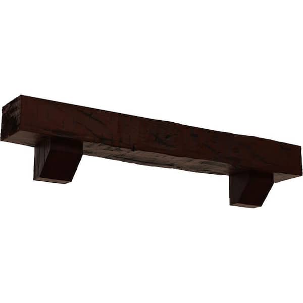 Ekena Millwork 4 in. x 8 in. x 3 ft. Hand Hewn Faux Wood Fireplace Mantel Kit with Ashford Corbels, Natural Pecan
