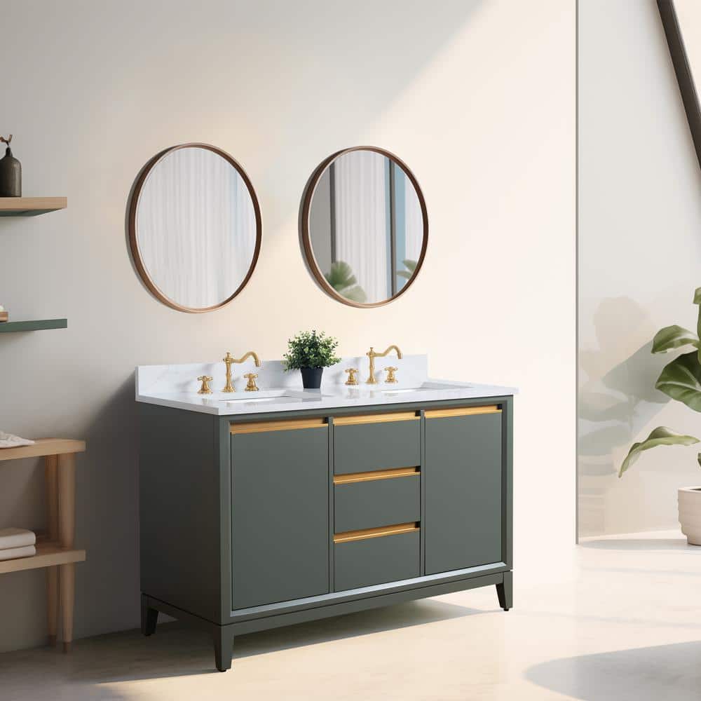 Vintage Green Double Sink Bathroom Vanity with Marble Top