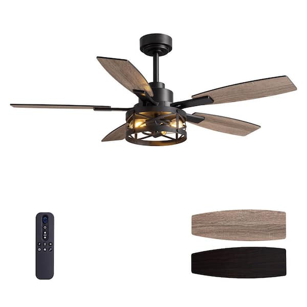 52 in. Indoor Black Layered Caged Downrod Ceiling Fan with Light Kit, Five Reversible Blades and Remote Included