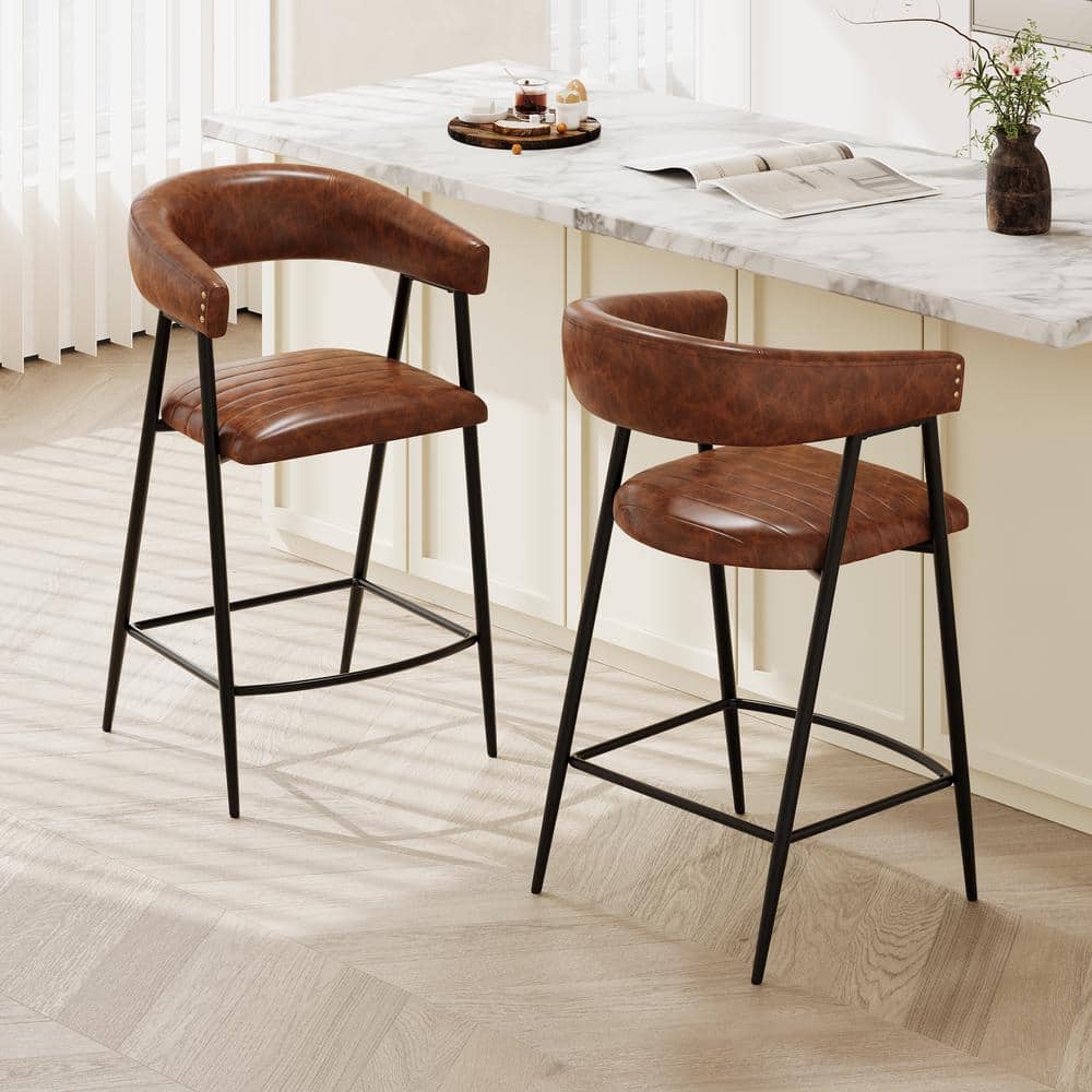 Brown Leather and Iron Frame Counter Stools, Set of 2