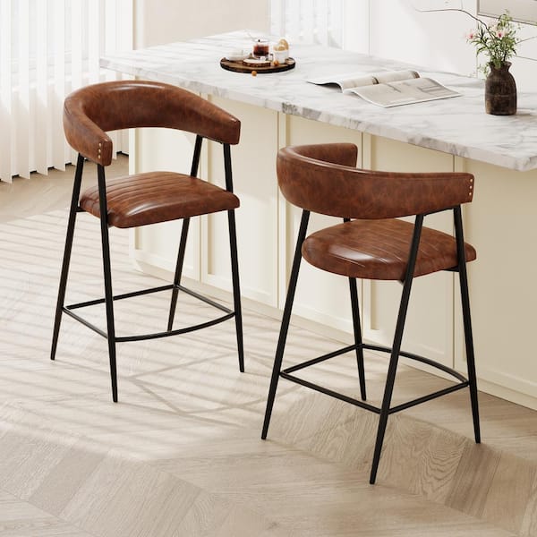 CHRISTOPHER KNIGHT HOME Verstia 26 in. Modern Upholstered PU Leather Counter Stools, Iron Frame, Brown + Black, Set of 2