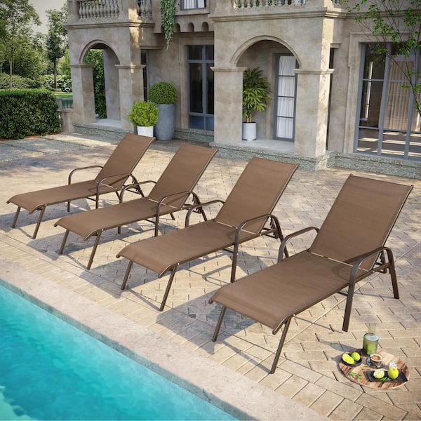 Brown 4-Piece Metal Adjustable Outdoor Chaise Lounge Chairs in Brown with Arms