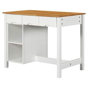 White Wood 45.10 in. Kitchen Island with Cabinets; Drawers; Free Standing; Shelf; Stools