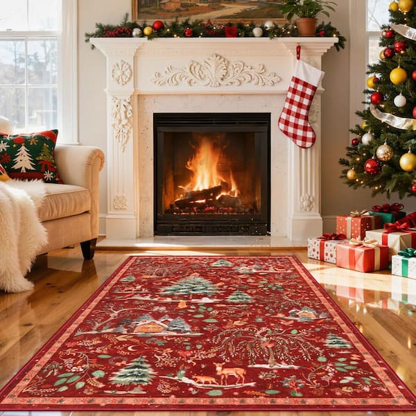 Christmas Woodland Forest Red Trees Animals Snowflake Non-Slip 3 ft. x 5 ft. Living Room/Bedroom Indoor Area Rug