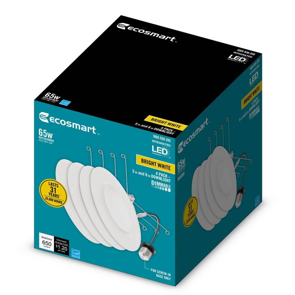 EcoSmart 6-Inch Matte White LED Recessed Baffle Trim 4-Pack