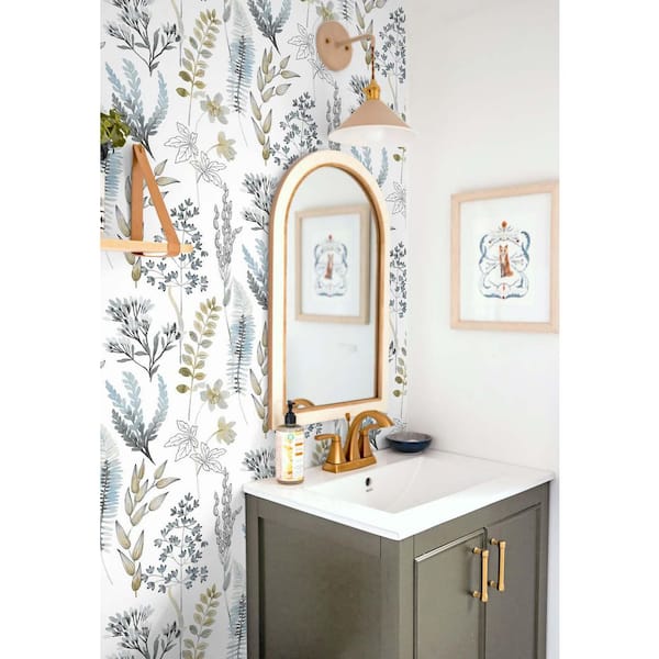 NextWall Wild Garden Peel and Stick Wallpaper - 20.5 in. W x 18 ft. L - Glacier Blue & Matte Brass