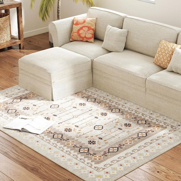 Non-Slip Boho Floor Cover Foldable Carpet 4 x 6 ft. Brown Floral Washable Area Rug Runner Rug