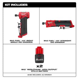 M12 FUEL 12V Lithium-Ion Brushless Cordless 1/4 in. Right & 1/4 in. Straight Die Grinders w/(2) M12 CP 2.5 Ah Batteries