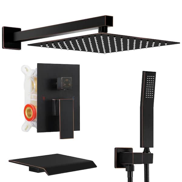 Single Handle 3-Spray Square Shower Faucet Bathroom Shower Combo Set 2.5 GPM with waterfall spout in Oil Rubbed Bronze
