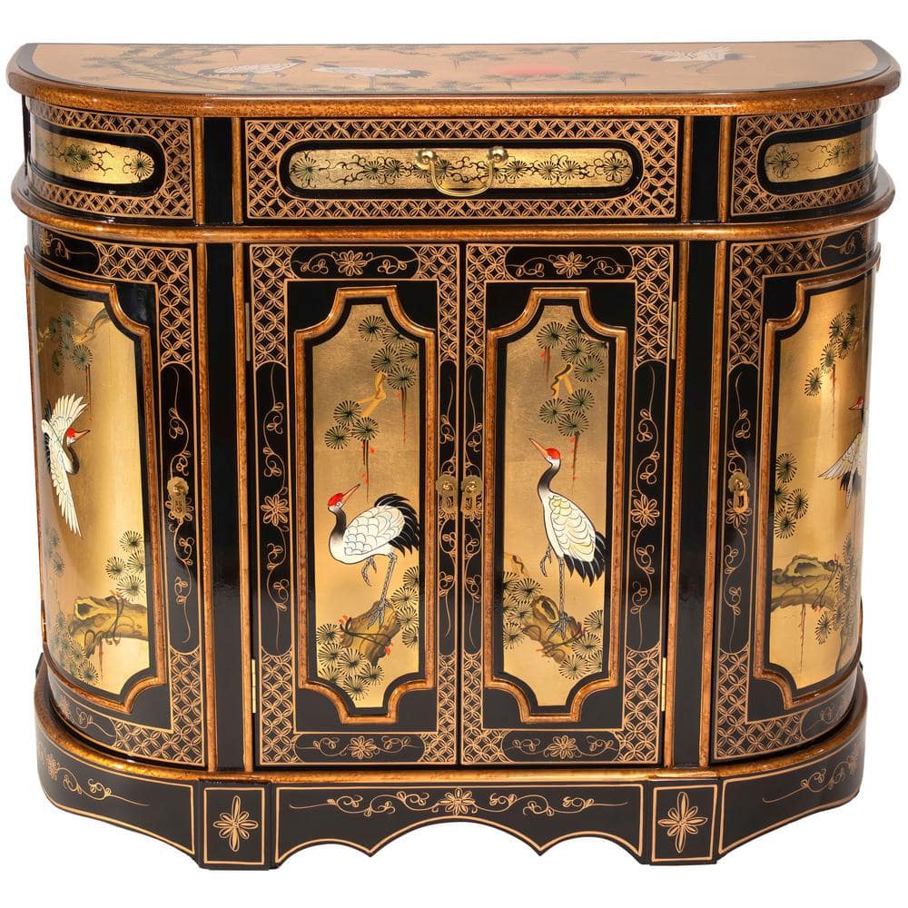 Gold Lacquer Hand-Painted Cranes Solid Wood Accent Cabinet