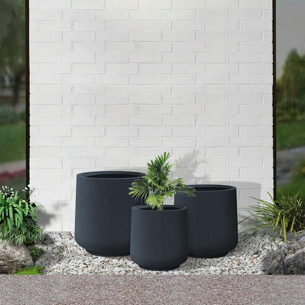 Kante 3 Piece 22.4, 20.4 and 18.1H Round Charcoal Finish Concrete Modern Tall Planters, Outdoor Indoor Decorative Plant Pots with Drainage Hole and