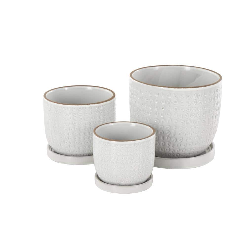 7 in., 5 in., and 4 in. Small White Ceramic Abstract Circle Patterned Planter with Brown Accents and Base Tray (3- Pack) price history on PriceWatchPro