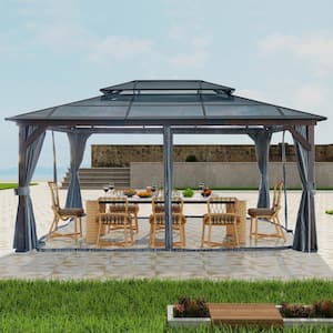 12 ft. x 16 ft. Outdoor Patio Hardtop Cedar Pergola, Cedar Frame With Bi-Metal Roof, Privacy Curtains and Mosquito Nett