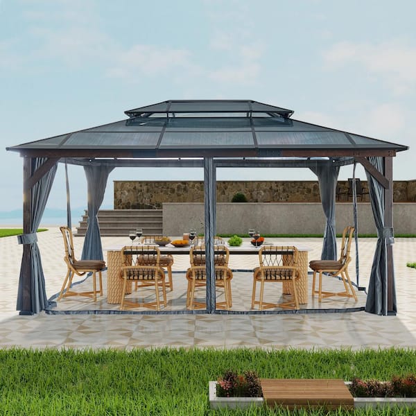 Unbranded 12 ft. x 16 ft. Outdoor Patio Hardtop Cedar Pergola, Cedar Frame With Bi-Metal Roof, Privacy Curtains and Mosquito Nett
