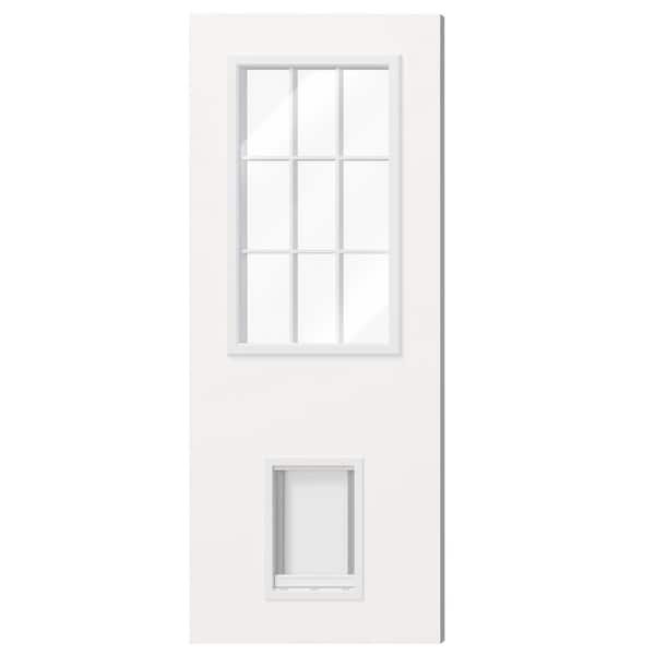 36 in. x 80 in. Universal/Reversible 9 Lite Clear Glass White Primed Pine Wood Front Door Slab with Large Pet Door