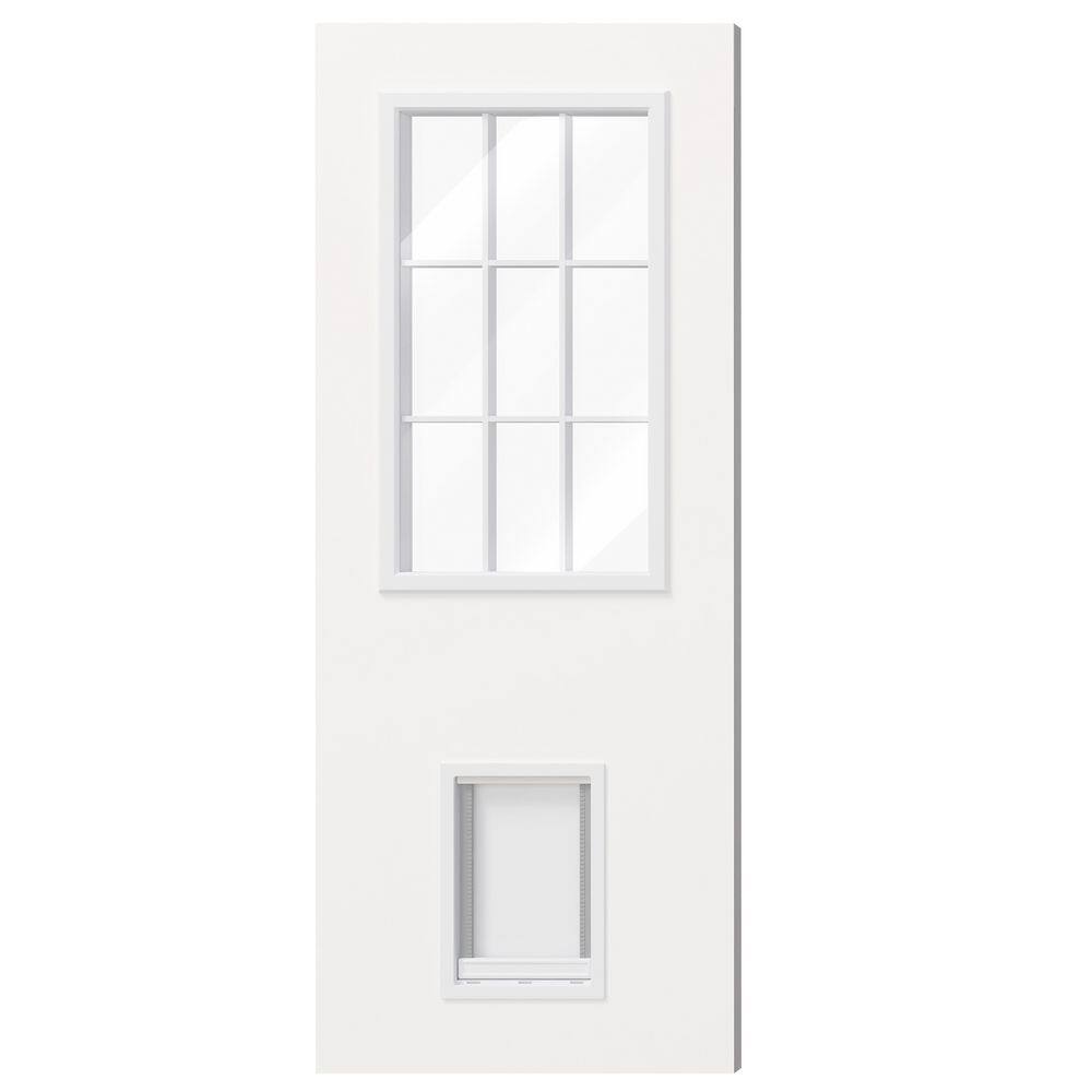 32 in. x 80 in. 9 Lite, Universal, Clear Glass, White Primed Wood Front Door Slab with Large Pet Door price history on PriceWatchPro