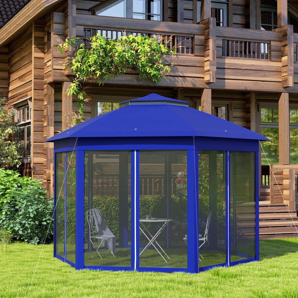 Dark Blue Steel Frame Hexagonal Pop-Up Gazebo with Mesh Netting