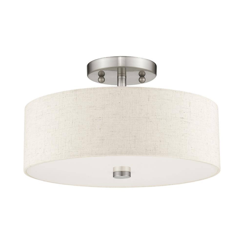 Elegant Meridian Brushed Nickel Drum Ceiling Light with Oatmeal Fabric Shade